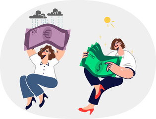 Two women with dollars and euros in hands exchange cash into currencies and get different results. Businesswoman with USD rejoices and feels comfortable, while girl with EUR suffers due to crisis