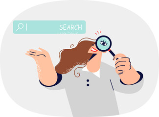 Woman journalist uses search bar on internet to find answer to complex question, holding magnifying glass. Girl suggests using search to broaden your horizons and develop new skills