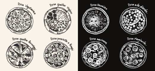 Hand drawn illustration of various types of  pizza. Dish collection template for menu design. Engraved style hand drawn sketch, vector illustration. 