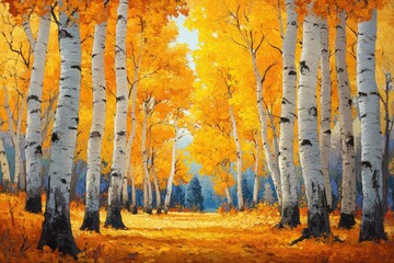 Golden aspen trees in autumn forest, vibrant colors, sunlight through leaves.
