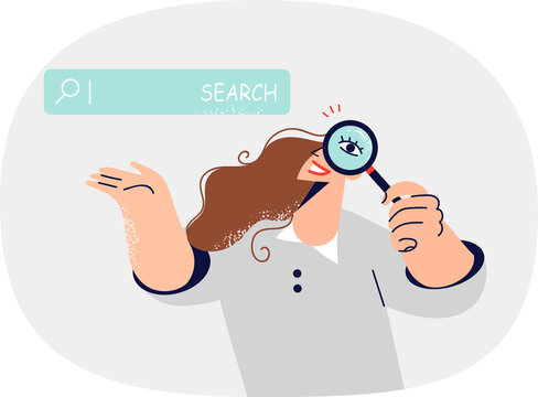 Woman journalist uses search bar on internet to find answer to complex question, holding magnifying glass. Girl suggests using search to broaden your horizons and develop new skills