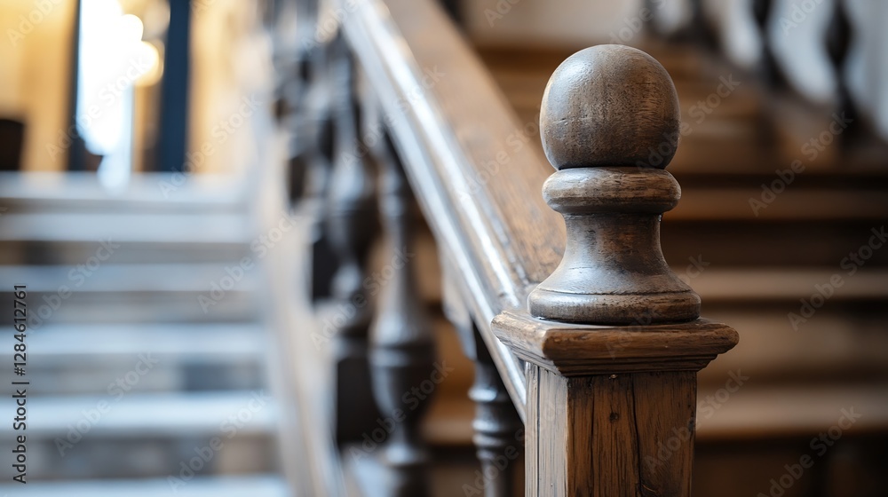 Poster close up of elegant wooden staircase with detailed handrail and classic architecture : generative ai
