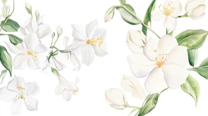 Fototapeta premium Delicate jasmine flowers bloom in soft white hues, evoking romance and fragrance in a serene watercolor botanical illustration