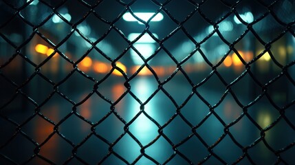 Nighttime metal fence view of urban tunnel