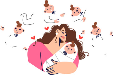 Caring mother, fascinated by baby, rejoices in showing love and affection for own son. Girl with baby in arms experiences maternal instinct and desire to do everything for sake of child.