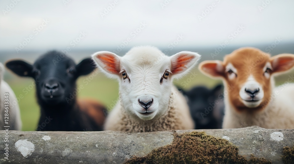 Aufkleber curious sheep looking at the camera with a backdrop of lush green hills : generative ai