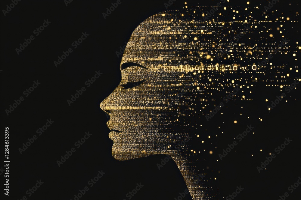Poster Human face outline transforming into binary code with flowing data in futuristic AI representation. Generative AI