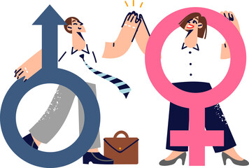 Gender equality or solidarity of men and women working together to achieve business prosperity. Successful guy and girl high-five each other, standing near gender symbols or proud equals