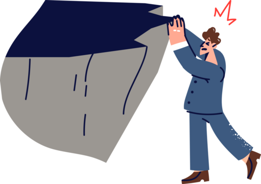 Business man falls from cliff, due to crisis situation causing need to take risks and participate in adventures. Problem for guy who is victim of crisis and needs help to solve problems