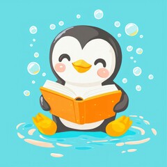 Obraz premium Adorable Penguin Reading a Book in the Water with Bubbles