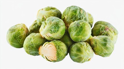 A close-up image of a bunch of fresh Brussel sprouts with vibrant green leaves. These are a healthy, nutrient-rich vegetable known for their distinctive appearance and crisp texture.