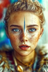 Warrior woman with stunning features and unique style showcasing strength and beauty in a vivid backdrop