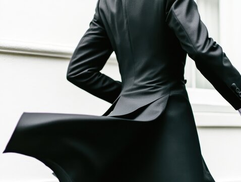 Elegant coat tails dance in the wind, capturing the essence of formal attire on a breezy day