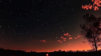 Naklejka premium Glowing embers gently drift through the night sky, creating a magical atmosphere under the cosmic canvas filled with stars and soft clouds