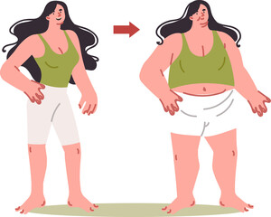 Transformation of fat woman into thin, thanks to low-calorie diet and fitness. Comparison of girl before and after low-carb diet that helps get rid of excess weight and cellulite on body