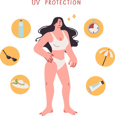 Cream with uv protection for women, want to get even tan and not become victim of radiation. Girl tourist chooses one of several ways for uv protection and salvation from bright sunlight