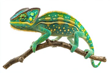 Obraz premium A lone Veiled Chameleon rests on a branch surrounded by a white background