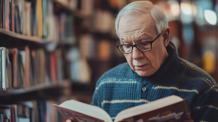 Concentrated senior reading intently, imm
