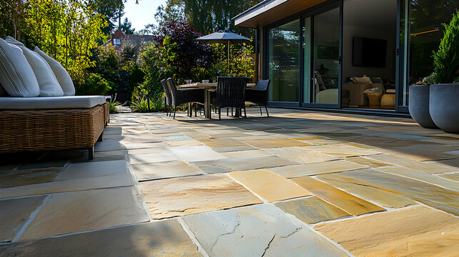Paving a terrace with natural sandstone using contact slurry and mortar bed for durable installation