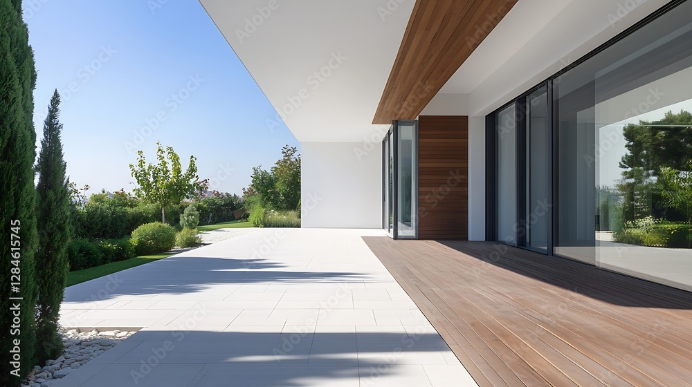 Aufkleber modern minimalist architecture with an open terrace and beautiful garden view on a sunny day : gener