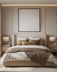 3D-rendered image of a cozy and contemporary bedroom, featuring a soft, upholstered headboard, a bed with neutral-colored linens.