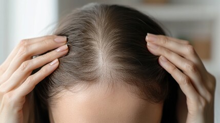 Fototapeta premium A woman with thinning hair brushing her hair with care. Featuring hair growth and nourishment