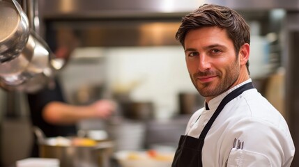 A young European male chef stands confidently in a restaurant kitchen, showcasing his passion for culinary arts. His smiling demeanor complements the bustling environment around him.