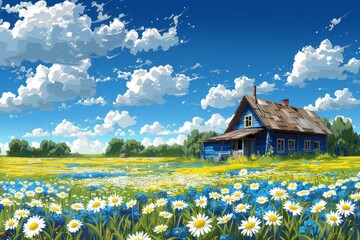Bright blue house surrounded by a vibrant field of wildflowers under a clear sky with fluffy clouds on a sunny day