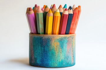 Fototapeta premium Colorful pencils in a teal speckled ceramic holder, a vibrant art supply still life.