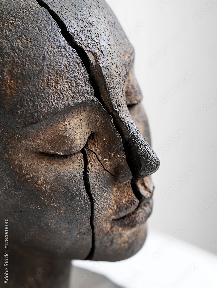 Aufkleber a closeup of an artisan clay sculpture of a human face showing cracks and an expressive serene expre