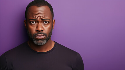 Obraz premium Concerned Black Man in His 40s with Furrowed Brow and Serious Expression, Against a Solid Deep Purple Background