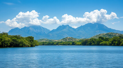 Fototapeta premium Beautiful waterfront view with mountains serene lake scenery and breath taking natural landscape.