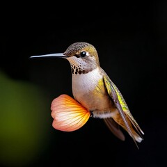 Fototapeta premium A hummingbird resting on a softly swinging flower petal