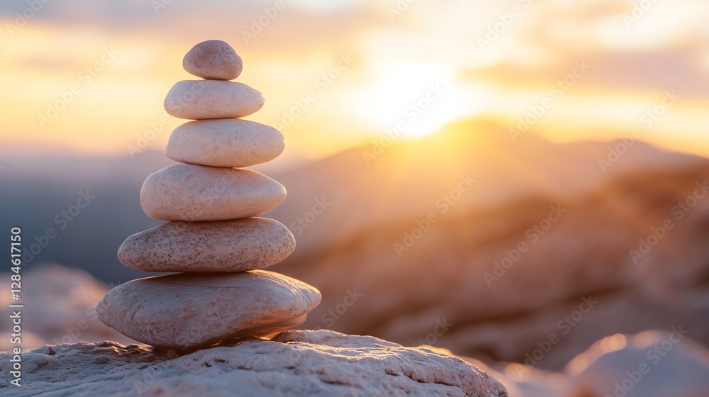 Aufkleber stack of smooth stones balanced on a rock against a beautiful sunset backdrop : generative ai