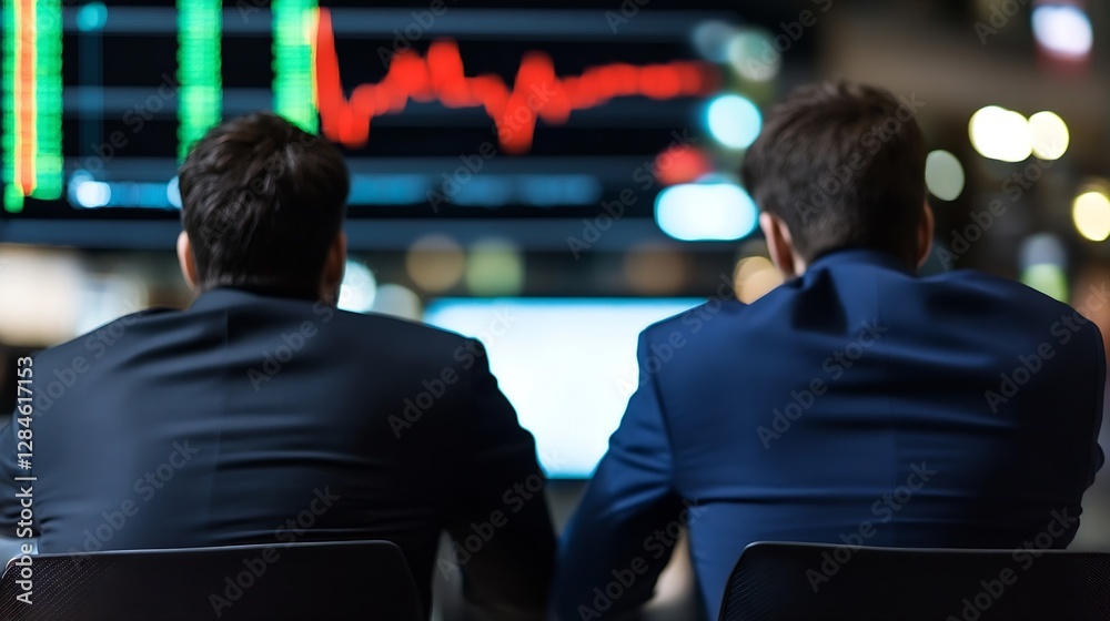 Poster businessmen analyzing stock market trends with financial data displayed on screen : generative ai