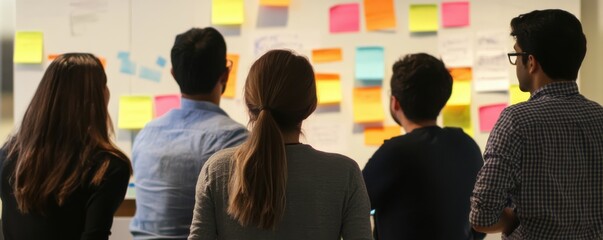 Diverse team collaborating on project with sticky notes in office environment