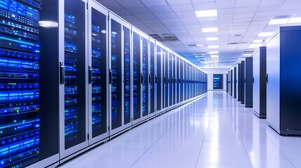 Modern Data Center Interior Featuring Rows of HighTech Server Racks with Blue LEDs and Bright Lighting : Generative AI