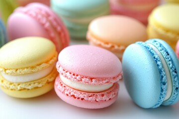 Obraz premium Colorful macarons, a delightful French pastry, with pastel shades and creamy filling.
