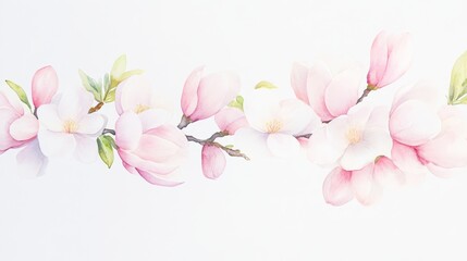 Obraz premium Delicate magnolia blossoms in soft shades of pink and white, embodying elegance in a timeless watercolor botanical illustration