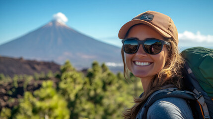 Young female hiker smiling with Teide volcano in the background, enjoying the scenic volcanic landscape of Tenerife, Canary Islands © Michael