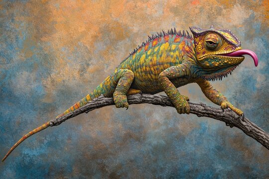 Chameleon panther on a wooden surface, close-up of chameleon panther with a natural backdrop