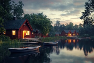 Obraz premium Charming Scandinavian village near a serene lake at twilight with cozy cabins and small boats. Generative AI