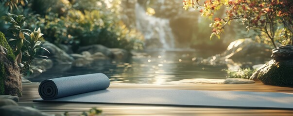 Serene outdoor setting with yoga mat by tranquil forest waterfall in soft sunset light