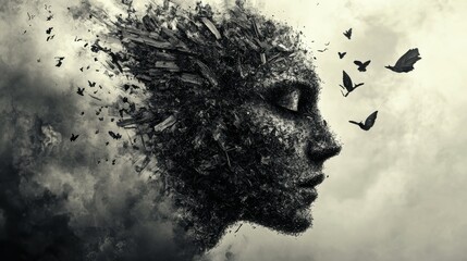 Surreal abstract face with emerging birds and clouds in monochrome artwork