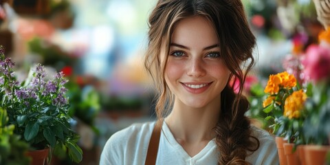 Smiling young woman surrounded by vibrant flowers in a local garden center during daylight