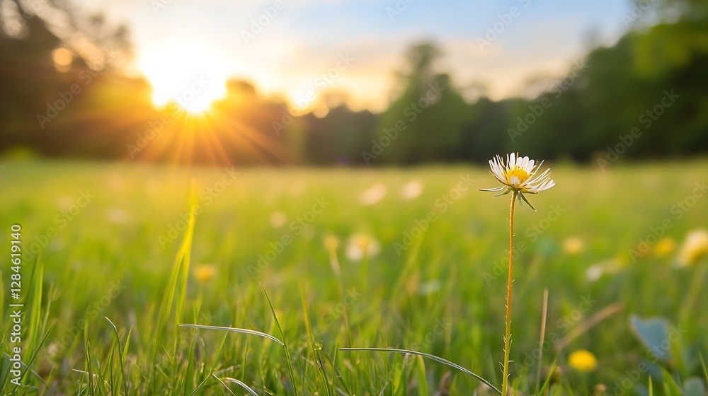 Poster beautiful close up of a single daisy flower in a sunlit green field during spring time : generative 