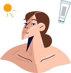 Girl uses SPF cream to avoid tanning in summer, for fear of getting skin cancer due to sun rays. Woman before and after using sunscreen with spf function or cosmetics to get even tan