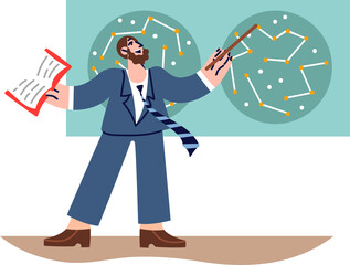 Man astronomer studies star map and points out constellations, giving lecture to university students. Smart guy works as astronomer doing scientific work on topic of space and universe.