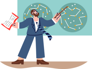 Man astronomer studies star map and points out constellations, giving lecture to university students. Smart guy works as astronomer doing scientific work on topic of space and universe.