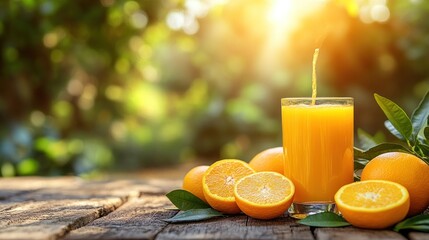 Fresh orange juice glass, orchard sunlight, wooden table